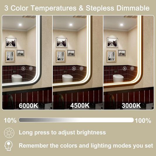 24x36 Inch LED Bathroom Mirror with Lights, 3 Color Temperatures