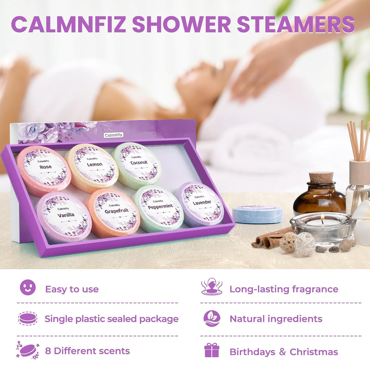 Shower Steamers Aromatherapy Self Care Gifts 8 Pack Set, Green | Birthday Gifts for Women, Mom, Wife, Friend, Teacher, Shower Bombs Essential Oil Tablets 8 Fragrances, Self-Care Relaxation