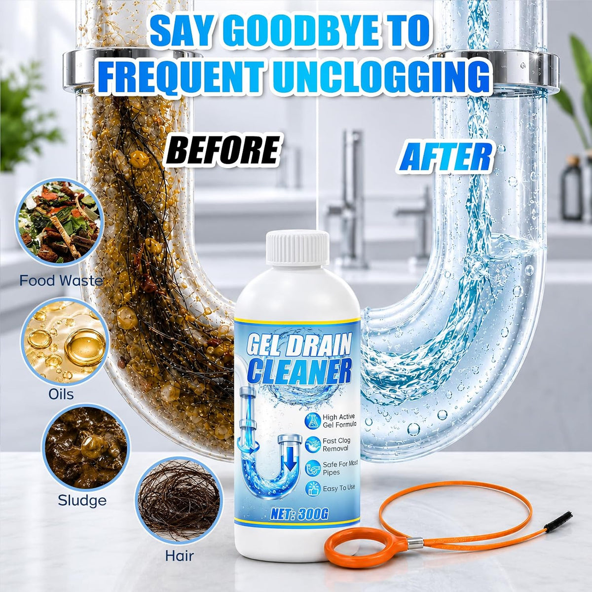 Sink Drain Cleaner Gel 2pcs, Shower Drain Clog Remover, Fast-Acting Sink Clog Remover With Tool Dissolves Hair, Grease & Soap Scum, Safe For Most Household Pipes