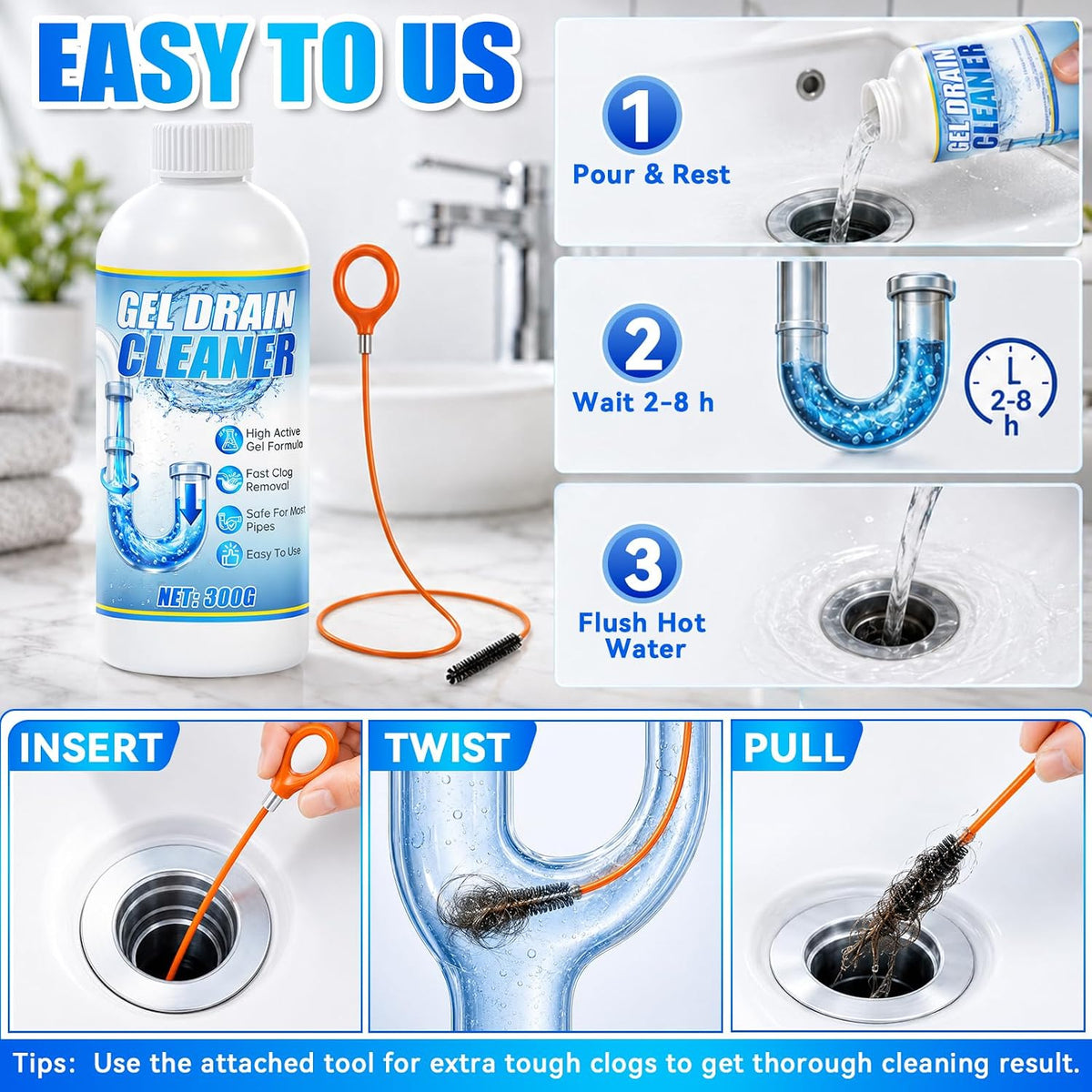 Sink Drain Cleaner Gel 2pcs, Shower Drain Clog Remover, Fast-Acting Sink Clog Remover With Tool Dissolves Hair, Grease & Soap Scum, Safe For Most Household Pipes