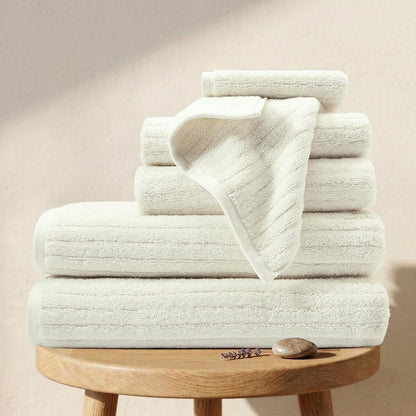 100% Organic Cotton 6-Piece Luxury Bathroom Ribbed Towel Set GOTS Certified 700 GSM, 2 Bath Towel, 2 Hand Towel & 2 Wash Cloths - White