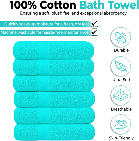 6 Pack Bath Towels Set (27 x 54 Inches) 100% Ring Spun Cotton, Lightweight, Quick Dry, Highly Absorbent Towels Multicolor, (27x54) Inches