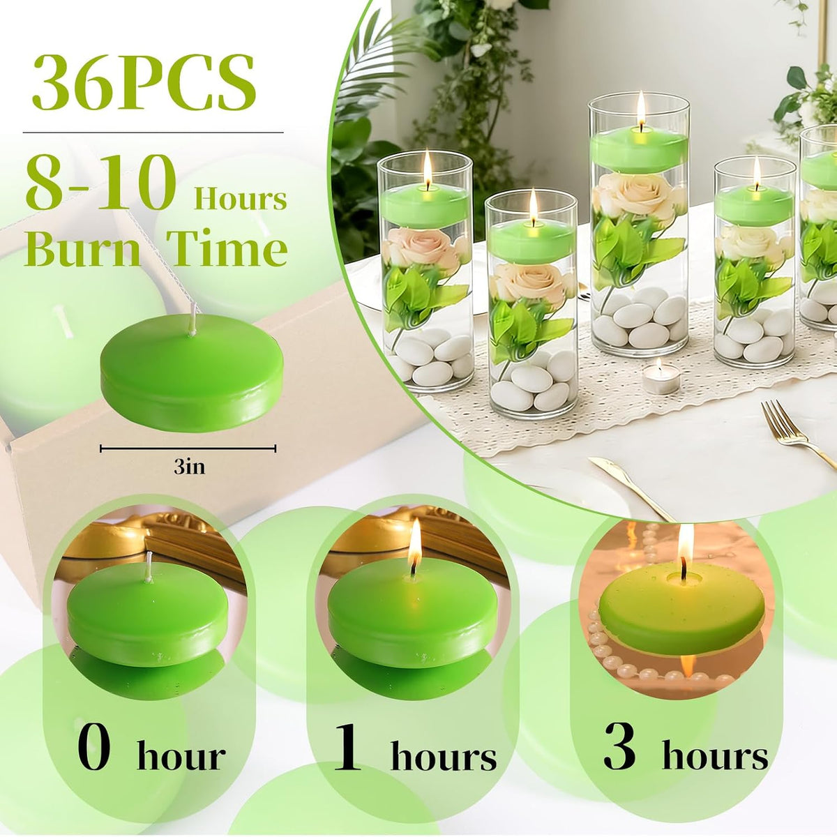 3 Inch Vanilla Sugar Scented Floating Candles,36 Pack White Floating Disc Candles, 8-10 Hour Long Burning for Wedding Centerpieces, Home Spa, Holiday Party & Pool Decor,Outdoor Dinners