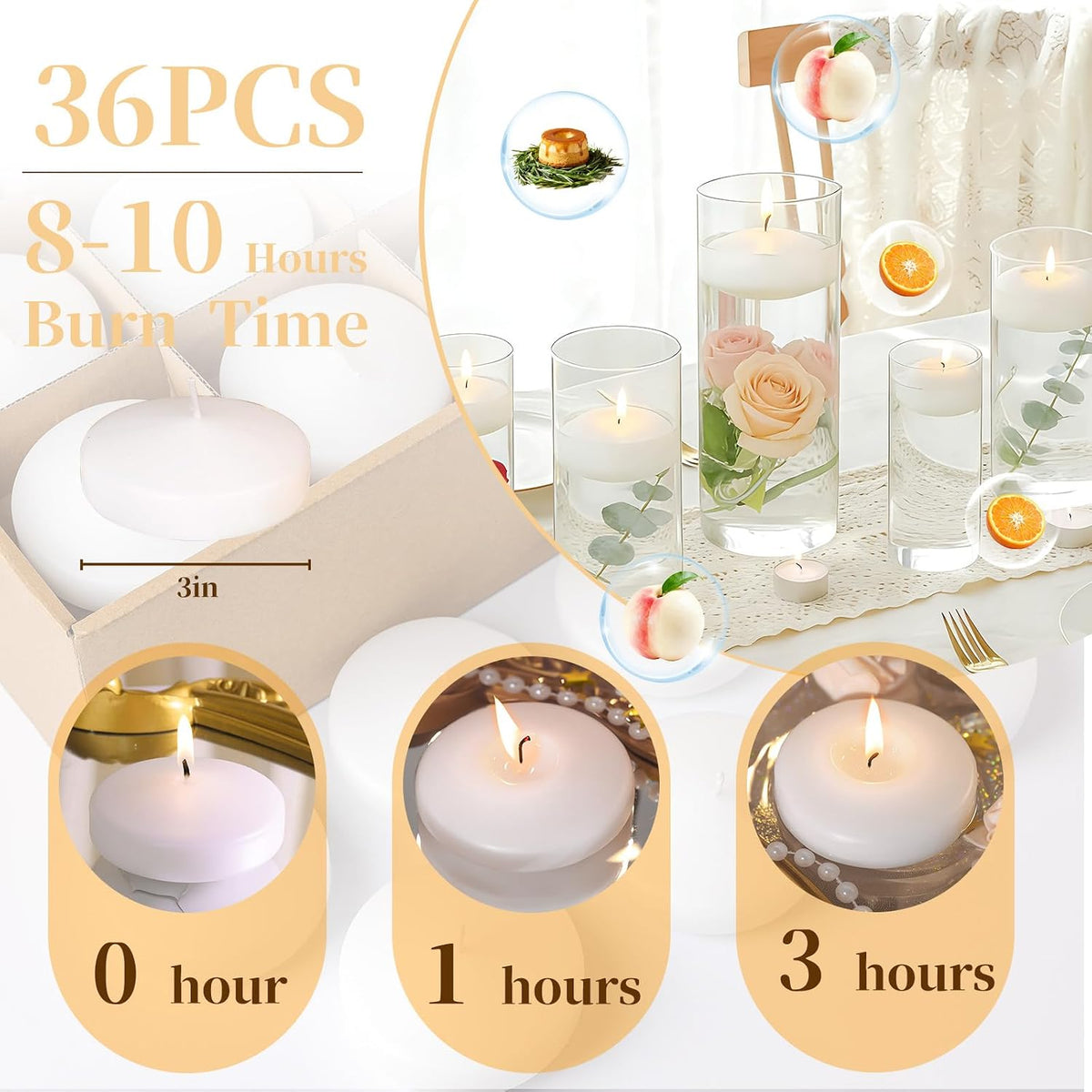 3 Inch Vanilla Sugar Scented Floating Candles,36 Pack White Floating Disc Candles, 8-10 Hour Long Burning for Wedding Centerpieces, Home Spa, Holiday Party & Pool Decor,Outdoor Dinners