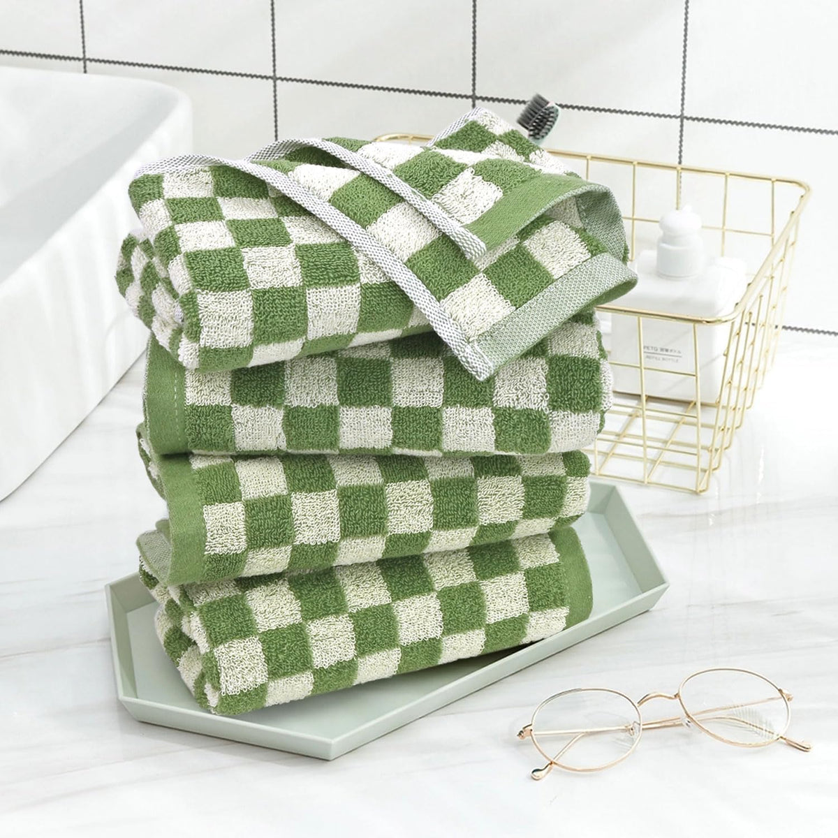 Hand Towels for Bathroom 4 Pack, Checkered Hand Towel Set