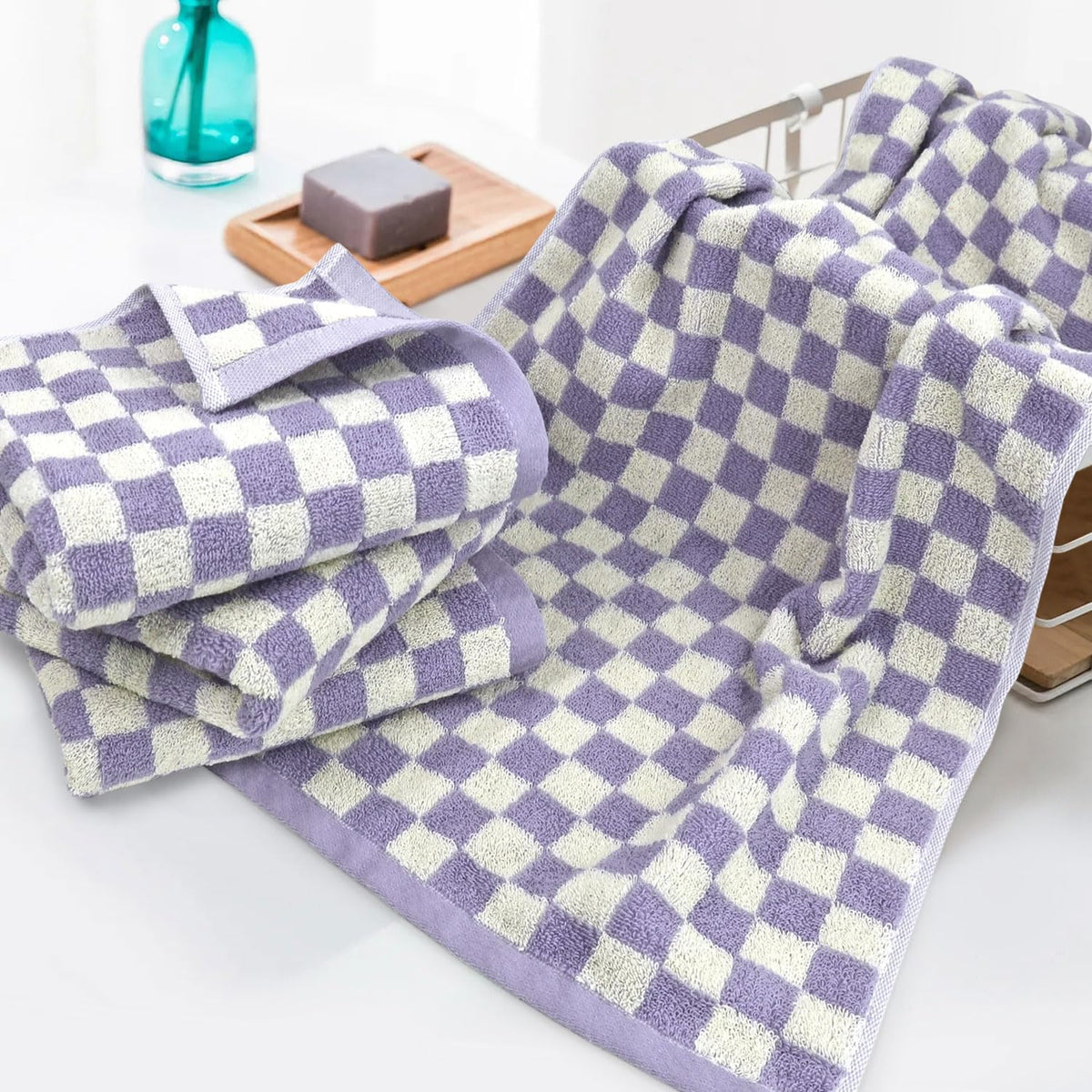 Hand Towels for Bathroom 4 Pack, Checkered Hand Towel Set