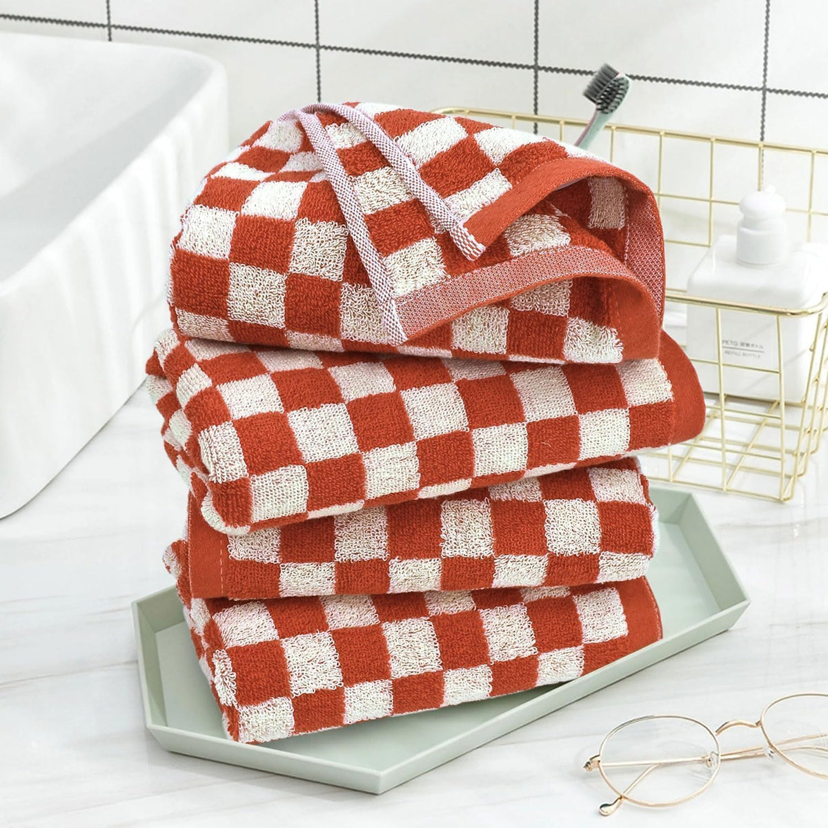 Hand Towels for Bathroom 4 Pack, Checkered Hand Towel Set