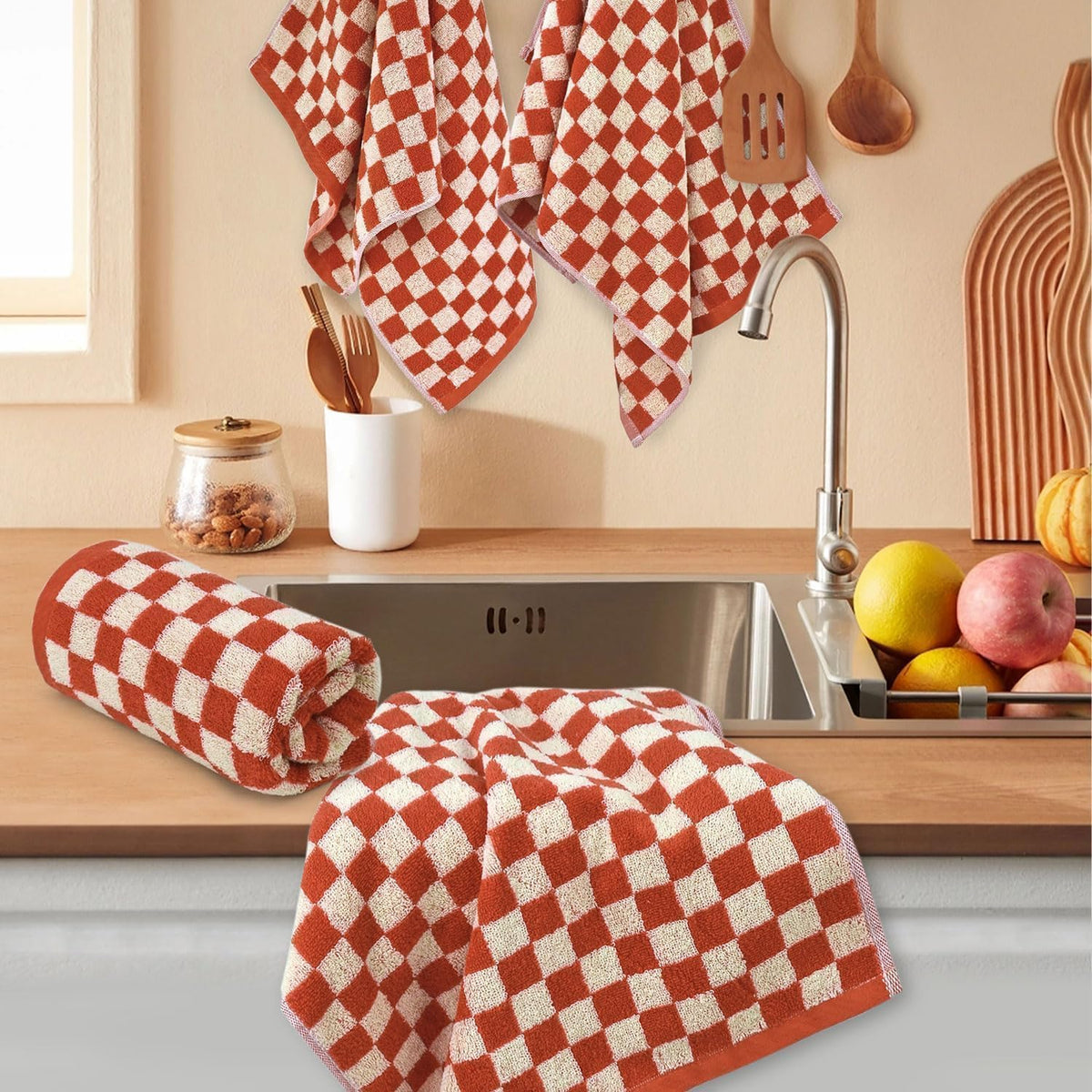 Hand Towels for Bathroom 4 Pack, Checkered Hand Towel Set