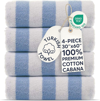 Premium Quality 100% Cotton Turkish Cabana Thick Stripe Pool Beach Towels 4-Pack (Light Blue, 30x60 Inch)