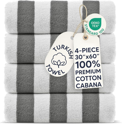 Premium Quality 100% Cotton Turkish Cabana Thick Stripe Pool Beach Towels 4-Pack (Light Blue, 30x60 Inch)