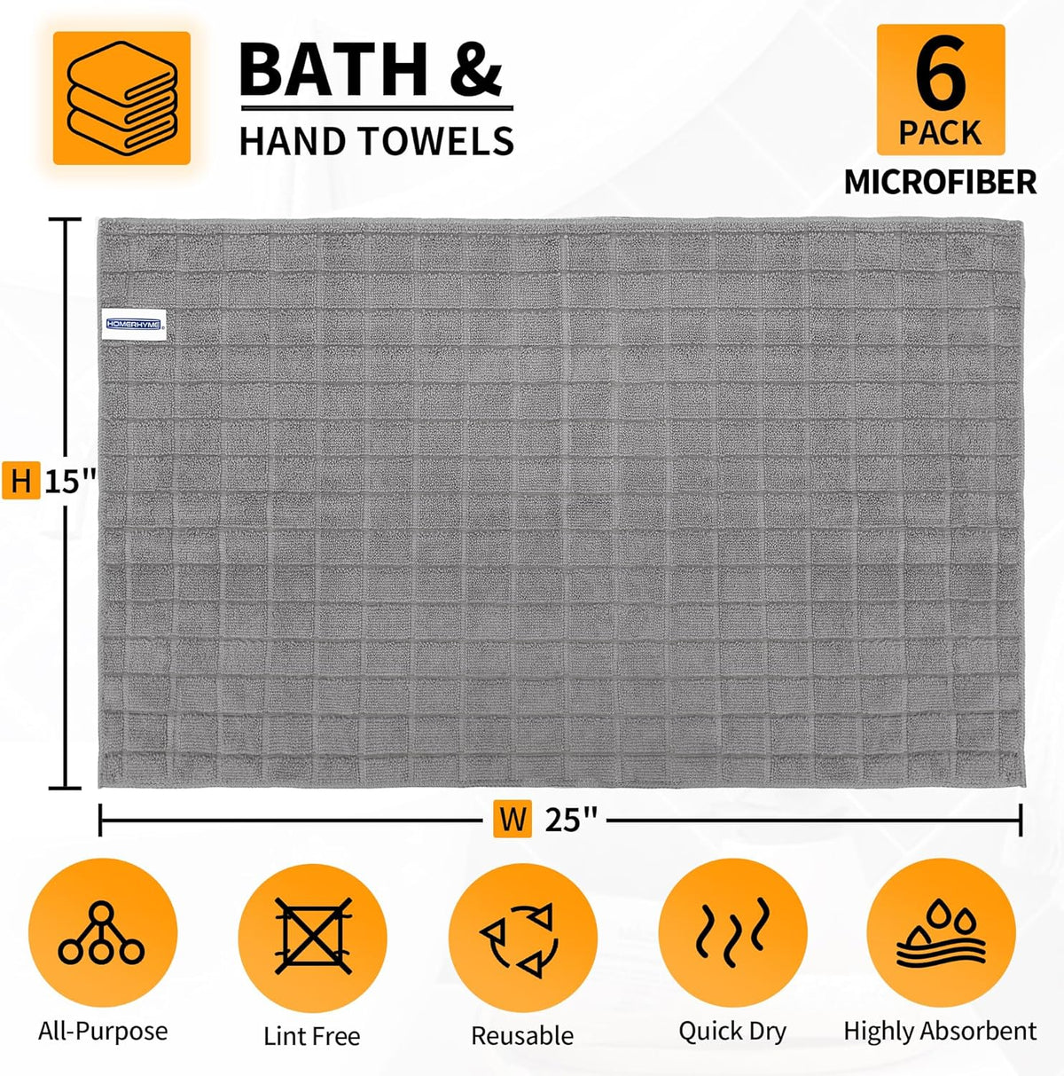 Microfiber Hand Bath Towels, 25''*15'' Grey Bathroom Hand Towels, All-Purpose Quick Dry Lint Free Soft Absorbent Checkered Washcloth Fingertip Towels Bulk for Travel Gym Hotel