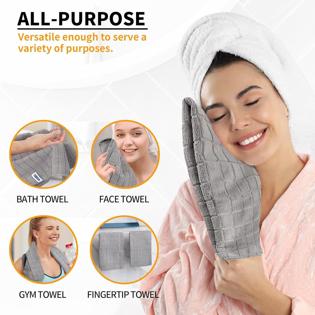 Microfiber Hand Bath Towels, 25''*15'' Grey Bathroom Hand Towels, All-Purpose Quick Dry Lint Free Soft Absorbent Checkered Washcloth Fingertip Towels Bulk for Travel Gym Hotel