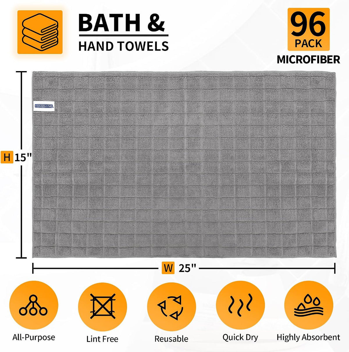 Microfiber Hand Bath Towels, 25''*15'' Grey Bathroom Hand Towels, All-Purpose Quick Dry Lint Free Soft Absorbent Checkered Washcloth Fingertip Towels Bulk for Travel Gym Hotel