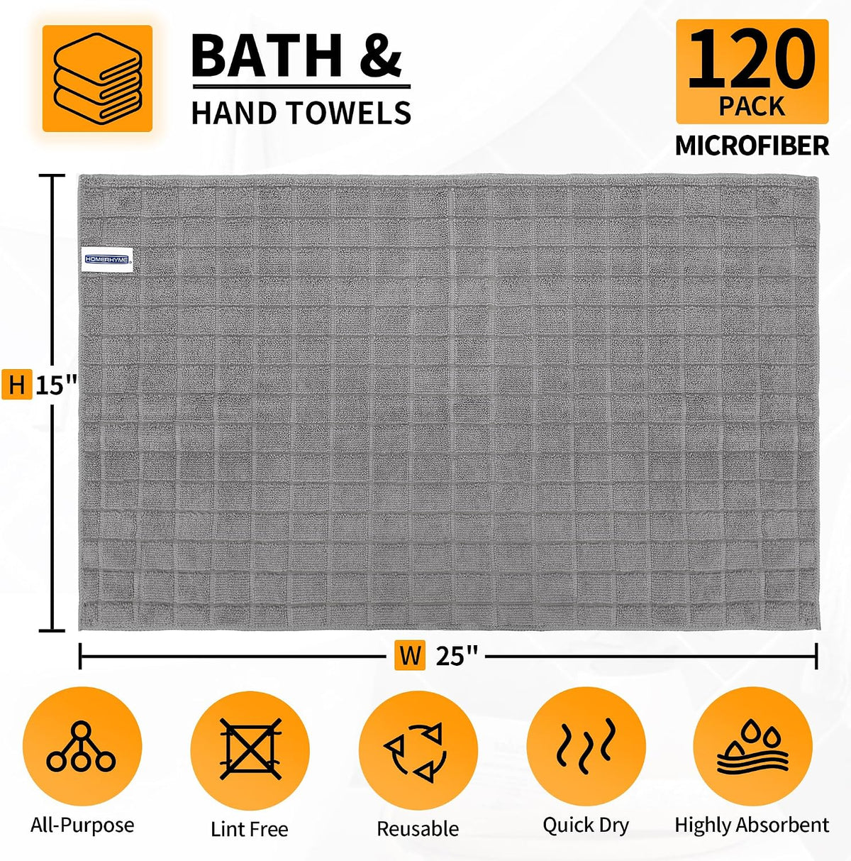 Microfiber Hand Bath Towels, 25''*15'' Grey Bathroom Hand Towels, All-Purpose Quick Dry Lint Free Soft Absorbent Checkered Washcloth Fingertip Towels Bulk for Travel Gym Hotel