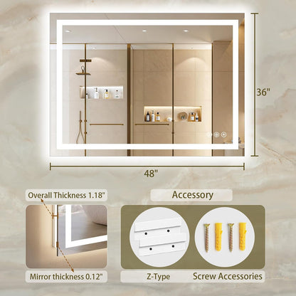 36"x48" LED Bathroom Mirror with Lights, Anti-Fog, Backlit+Frontlit
