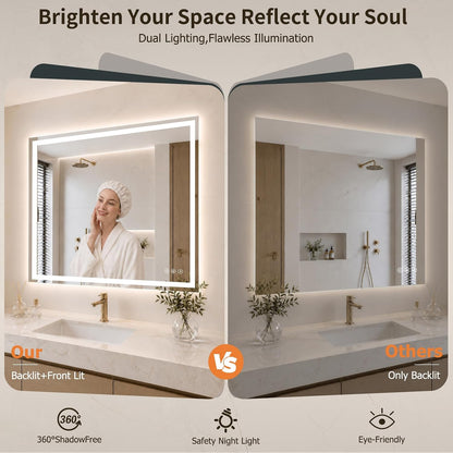 36"x48" LED Bathroom Mirror with Lights, Anti-Fog, Backlit+Frontlit