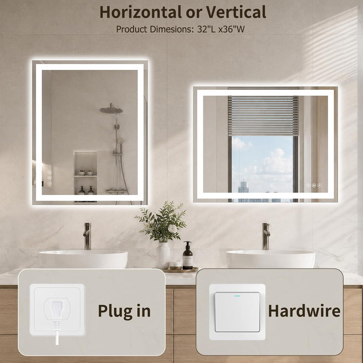 36"x48" LED Bathroom Mirror with Lights, Anti-Fog, Backlit+Frontlit