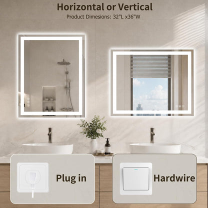 36"x48" LED Bathroom Mirror with Lights, Anti-Fog, Backlit+Frontlit
