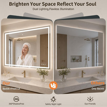 36"x48" LED Bathroom Mirror with Lights, Anti-Fog, Backlit+Frontlit