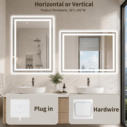 36"x48" LED Bathroom Mirror with Lights, Anti-Fog, Backlit+Frontlit