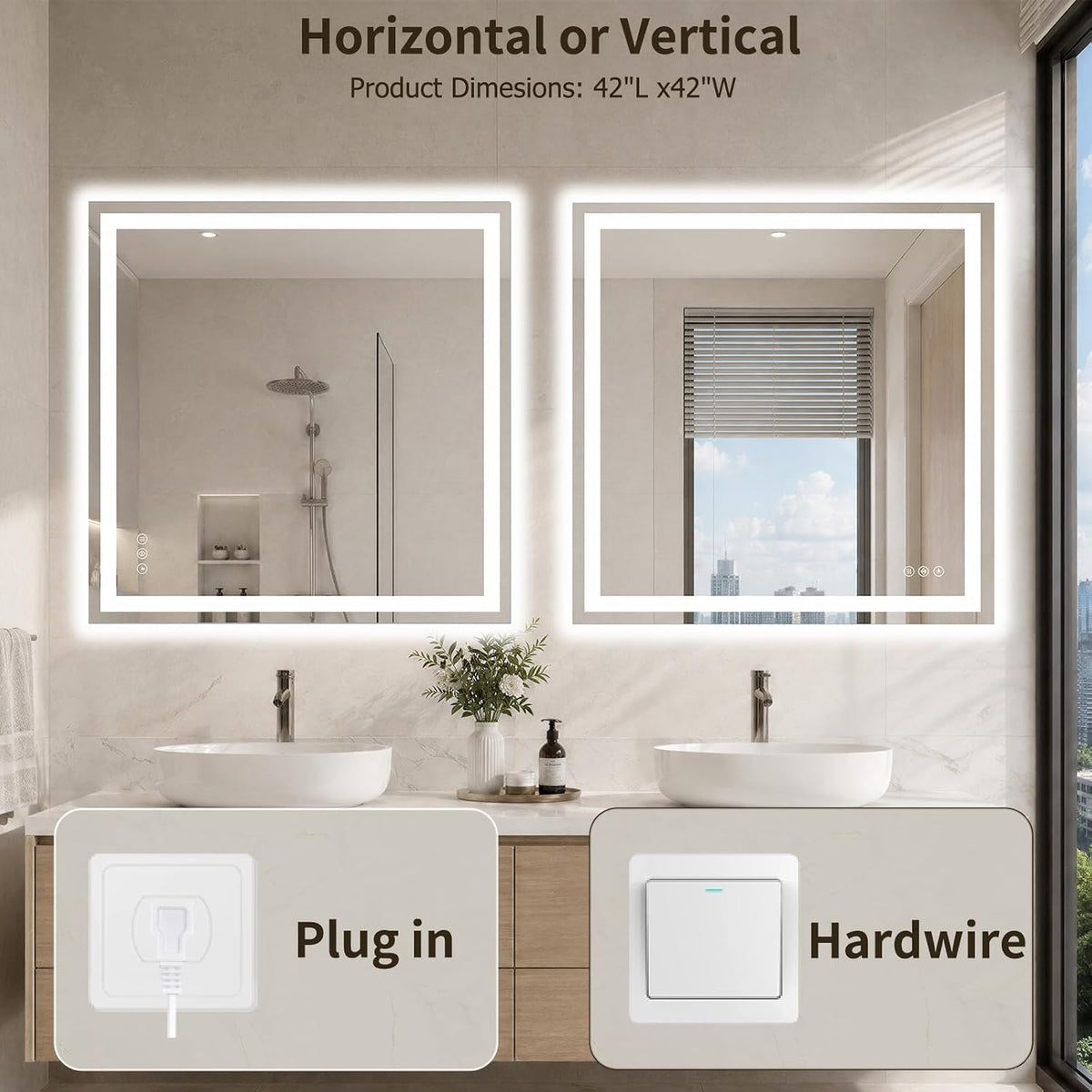 36"x48" LED Bathroom Mirror with Lights, Anti-Fog, Backlit+Frontlit