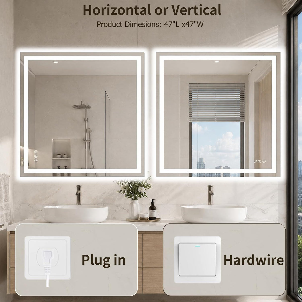 36"x48" LED Bathroom Mirror with Lights, Anti-Fog, Backlit+Frontlit