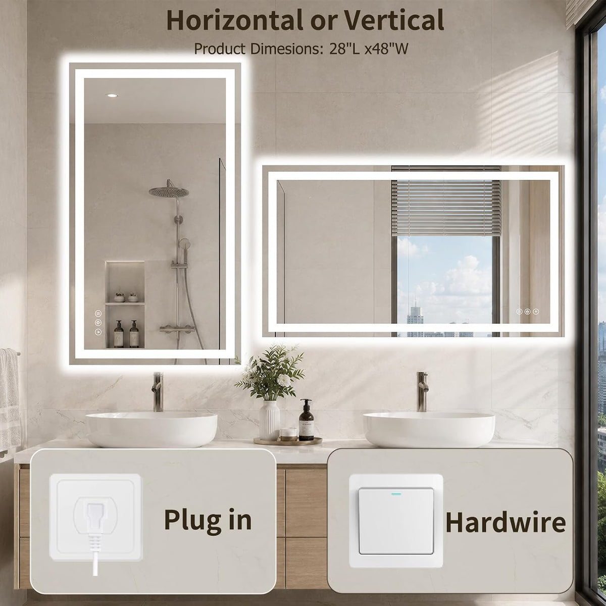 36"x48" LED Bathroom Mirror with Lights, Anti-Fog, Backlit+Frontlit