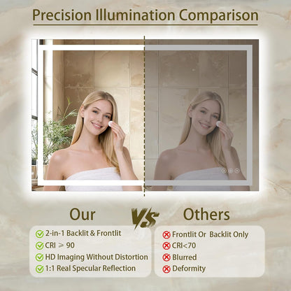 36"x48" LED Bathroom Mirror with Lights, Anti-Fog, Backlit+Frontlit