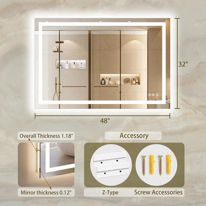 36"x48" LED Bathroom Mirror with Lights, Anti-Fog, Backlit+Frontlit