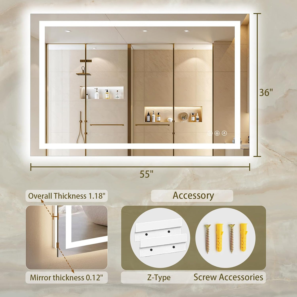 36"x48" LED Bathroom Mirror with Lights, Anti-Fog, Backlit+Frontlit