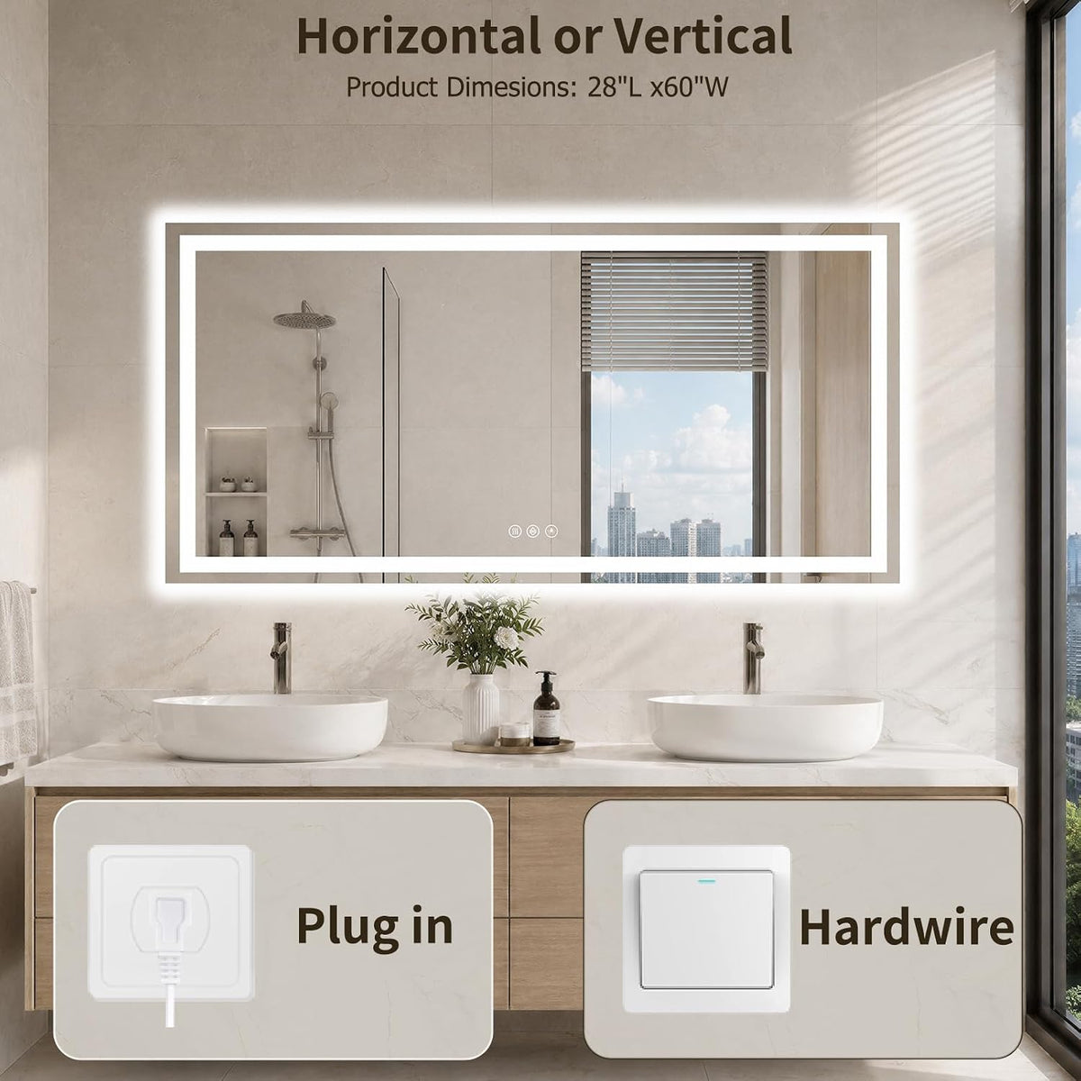 36"x48" LED Bathroom Mirror with Lights, Anti-Fog, Backlit+Frontlit