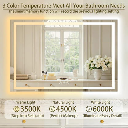 36"x48" LED Bathroom Mirror with Lights, Anti-Fog, Backlit+Frontlit