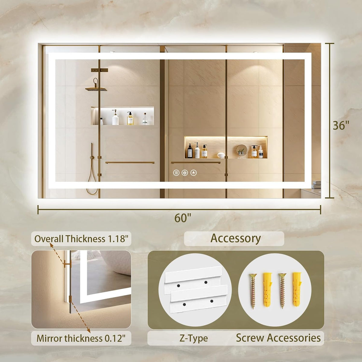 36"x48" LED Bathroom Mirror with Lights, Anti-Fog, Backlit+Frontlit
