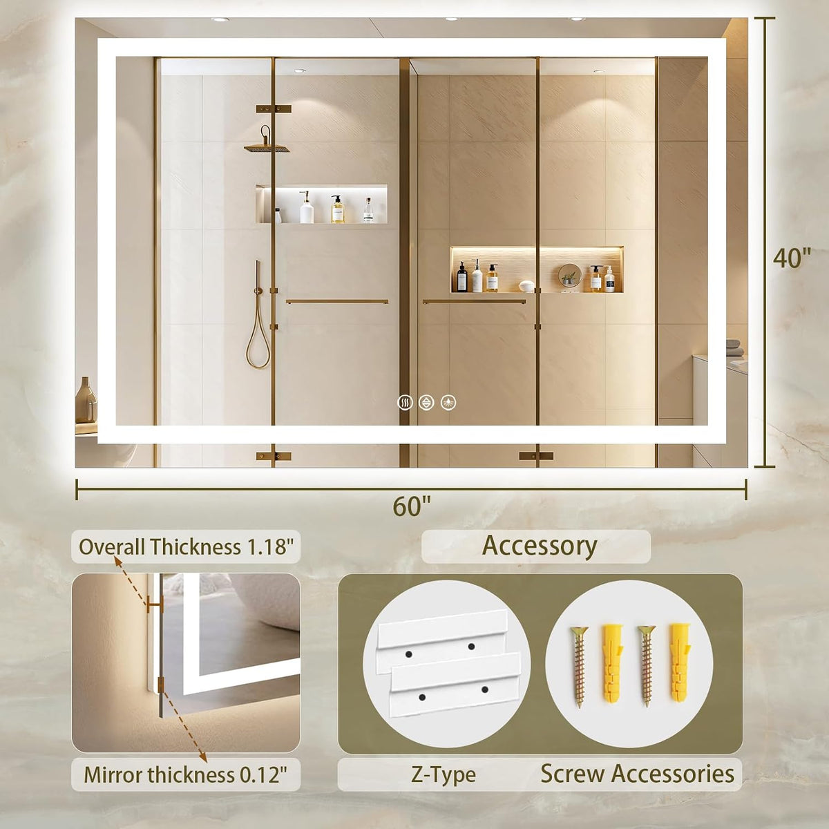 36"x48" LED Bathroom Mirror with Lights, Anti-Fog, Backlit+Frontlit