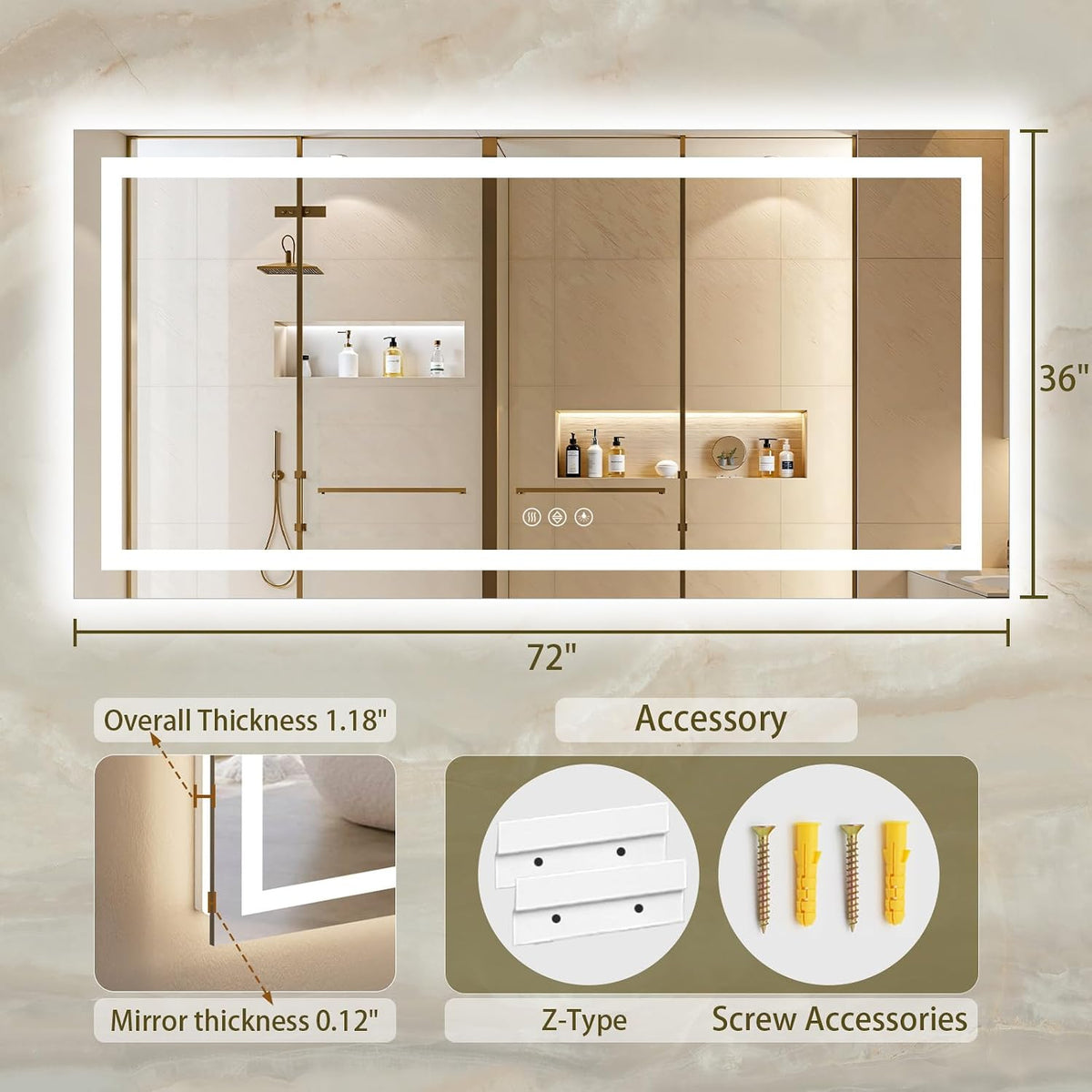 36"x48" LED Bathroom Mirror with Lights, Anti-Fog, Backlit+Frontlit