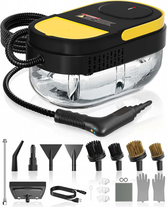 Steam Cleaner, 3 Level Adjustable Handle with 15 Accessories, Black | 15s Heat Up, 1.69 Quarts Tank, Handle Steam Cleaner for Home, Steamer for Cleaning for Kitchen, Grout, Dirt, Tile, Floor, Car