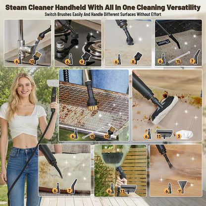 Steam Cleaner, 3 Level Adjustable Handle with 15 Accessories, Black | 15s Heat Up, 1.69 Quarts Tank, Handle Steam Cleaner for Home, Steamer for Cleaning for Kitchen, Grout, Dirt, Tile, Floor, Car