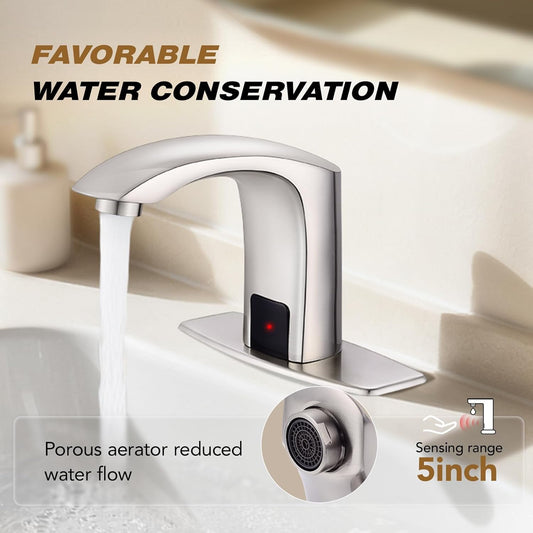 Commercial Touchless Bathroom Sink Faucet Automatic Basin Mixer | Brass Chrome Plated,Cold and Hot Water,Motion Sensor Activated,with Deck Plate and Water Mixing Valve