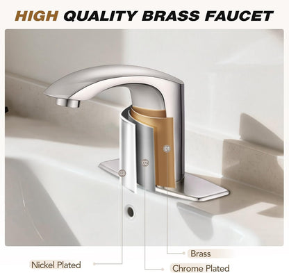Commercial Touchless Bathroom Sink Faucet Automatic Basin Mixer | Brass Chrome Plated,Cold and Hot Water,Motion Sensor Activated,with Deck Plate and Water Mixing Valve