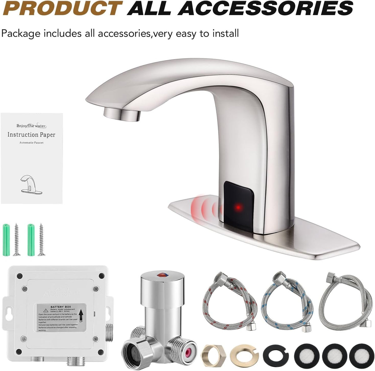 Commercial Touchless Bathroom Sink Faucet Automatic Basin Mixer | Brass Chrome Plated,Cold and Hot Water,Motion Sensor Activated,with Deck Plate and Water Mixing Valve