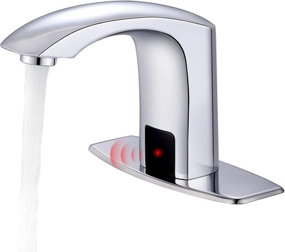 Commercial Touchless Bathroom Sink Faucet Automatic Basin Mixer | Brass Chrome Plated,Cold and Hot Water,Motion Sensor Activated,with Deck Plate and Water Mixing Valve