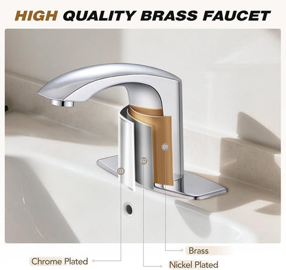Commercial Touchless Bathroom Sink Faucet Automatic Basin Mixer | Brass Chrome Plated,Cold and Hot Water,Motion Sensor Activated,with Deck Plate and Water Mixing Valve