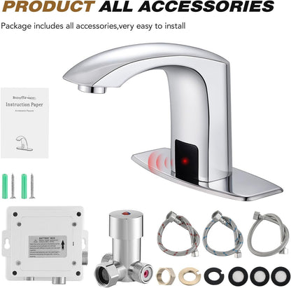 Commercial Touchless Bathroom Sink Faucet Automatic Basin Mixer | Brass Chrome Plated,Cold and Hot Water,Motion Sensor Activated,with Deck Plate and Water Mixing Valve