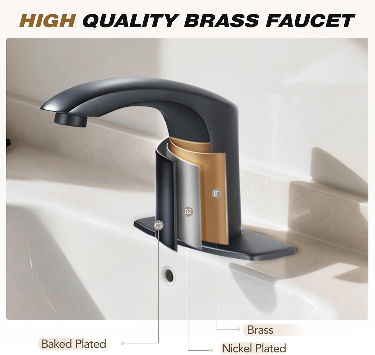 Commercial Touchless Bathroom Sink Faucet Automatic Basin Mixer | Brass Chrome Plated,Cold and Hot Water,Motion Sensor Activated,with Deck Plate and Water Mixing Valve