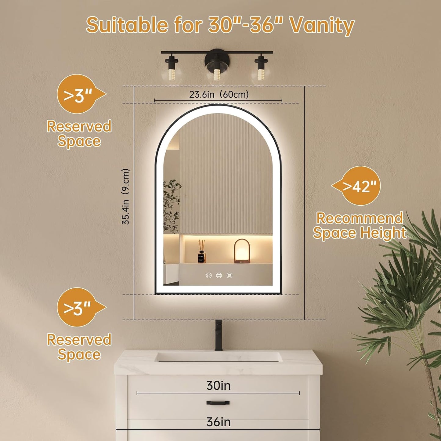 24"x30" Arched LED Lighted Bathroom Mirror with Lights