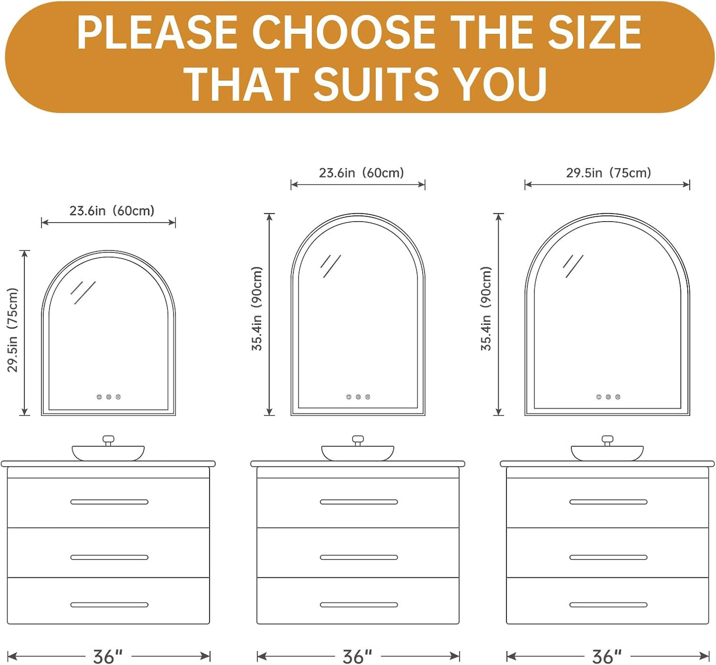24"x30" Arched LED Lighted Bathroom Mirror with Lights