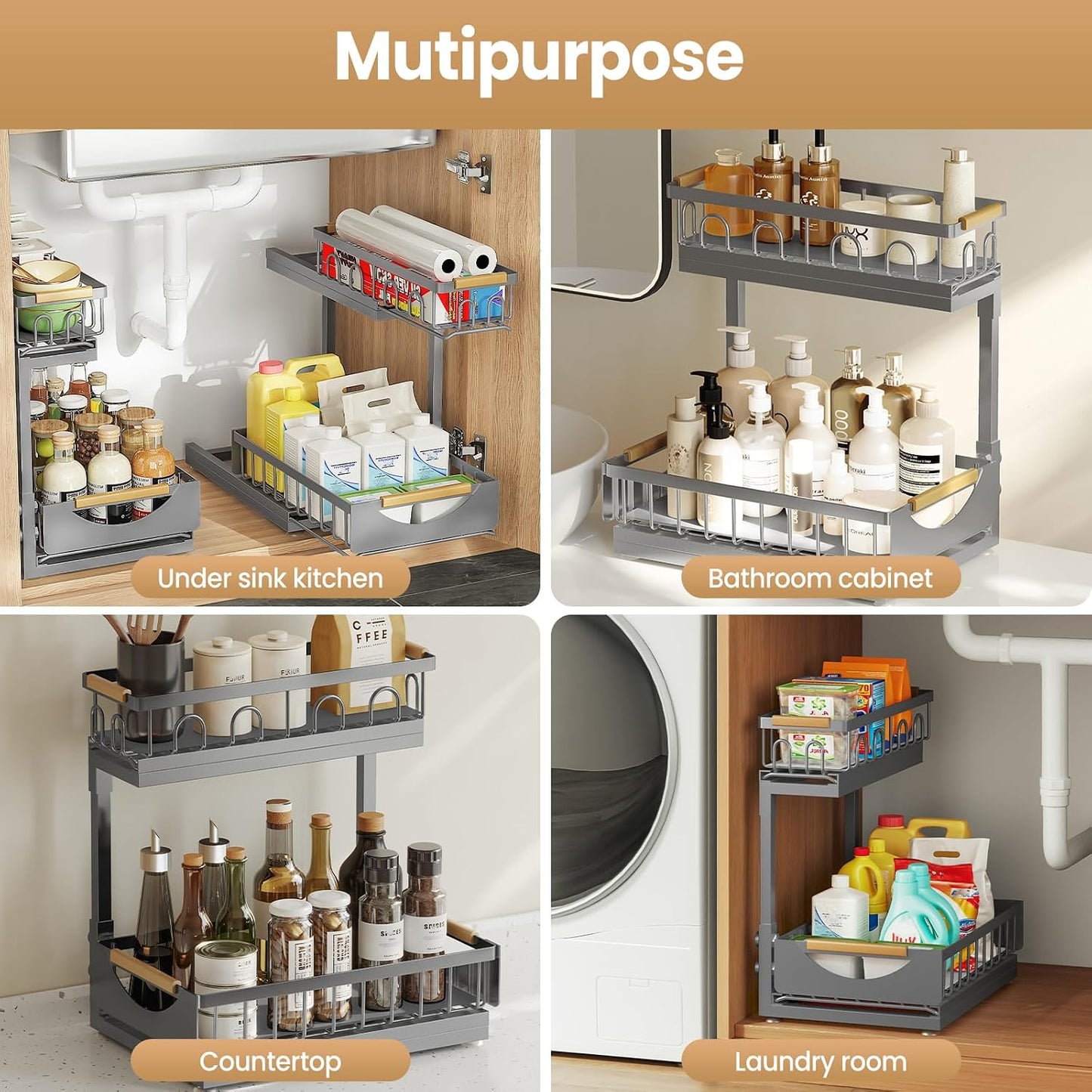 Under Sink Organizer and Storage for Bathroom and Kitchen - 2 Pack 3 Tier