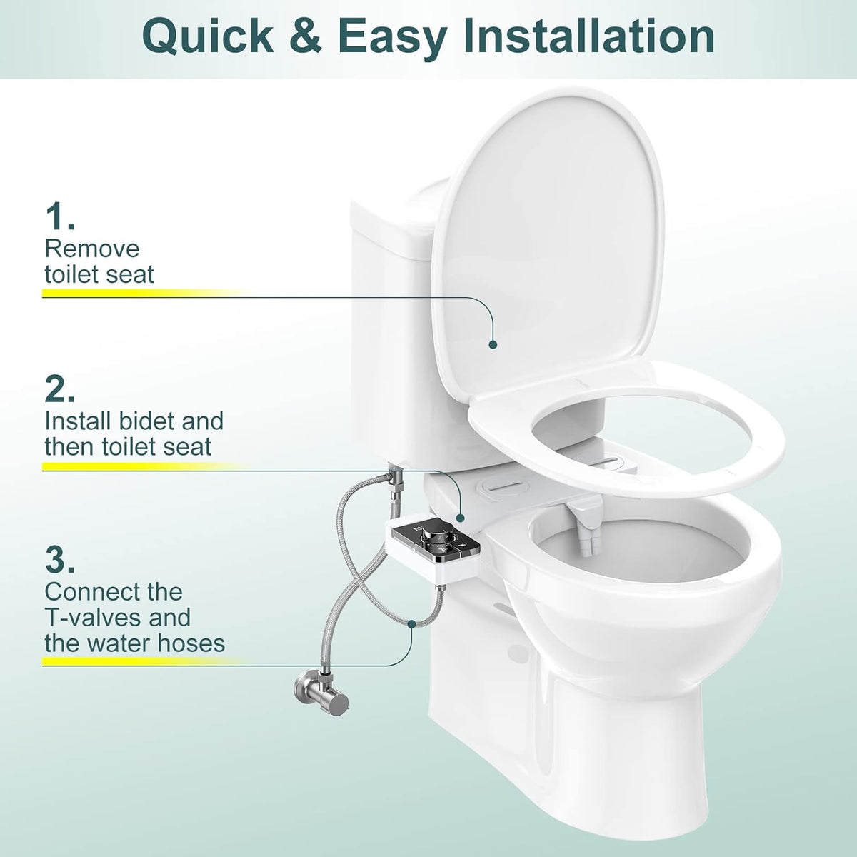 Bidet Attachment for Toilet, Ultra-Slim, Self Cleaning, Dual Nozzle, Feminine & Posterior Wash, Fresh Cold Water Sprayer, for Existing Toilets Seat, Baday Beday Badette Bedette, Silver