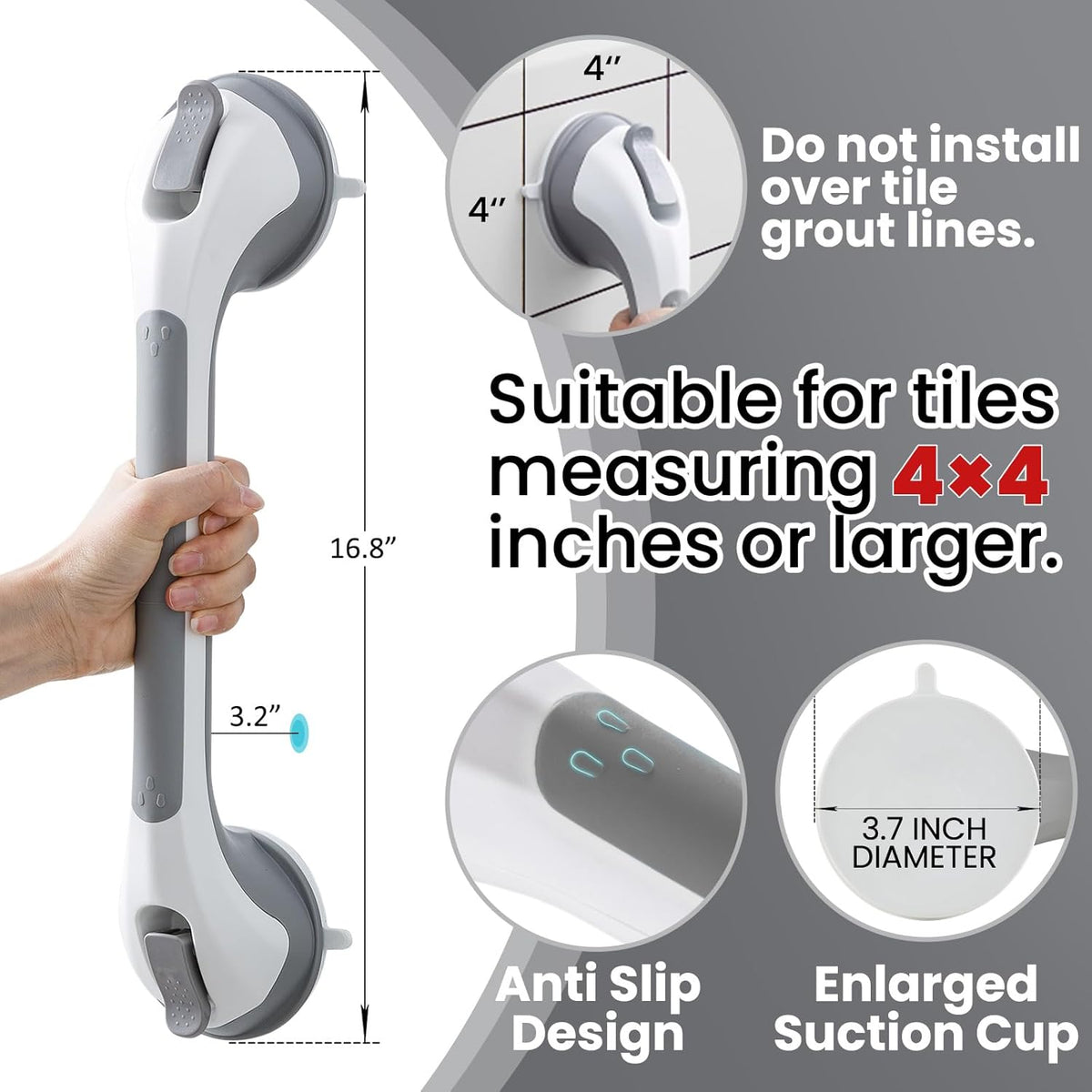Grab Bars for Shower,Suction Shower Handles Rails,2 Pack,16.8",Grey