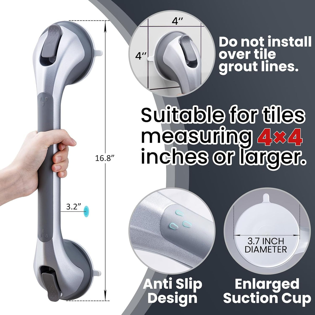 Grab Bars for Shower,Suction Shower Handles Rails,2 Pack,16.8",Grey